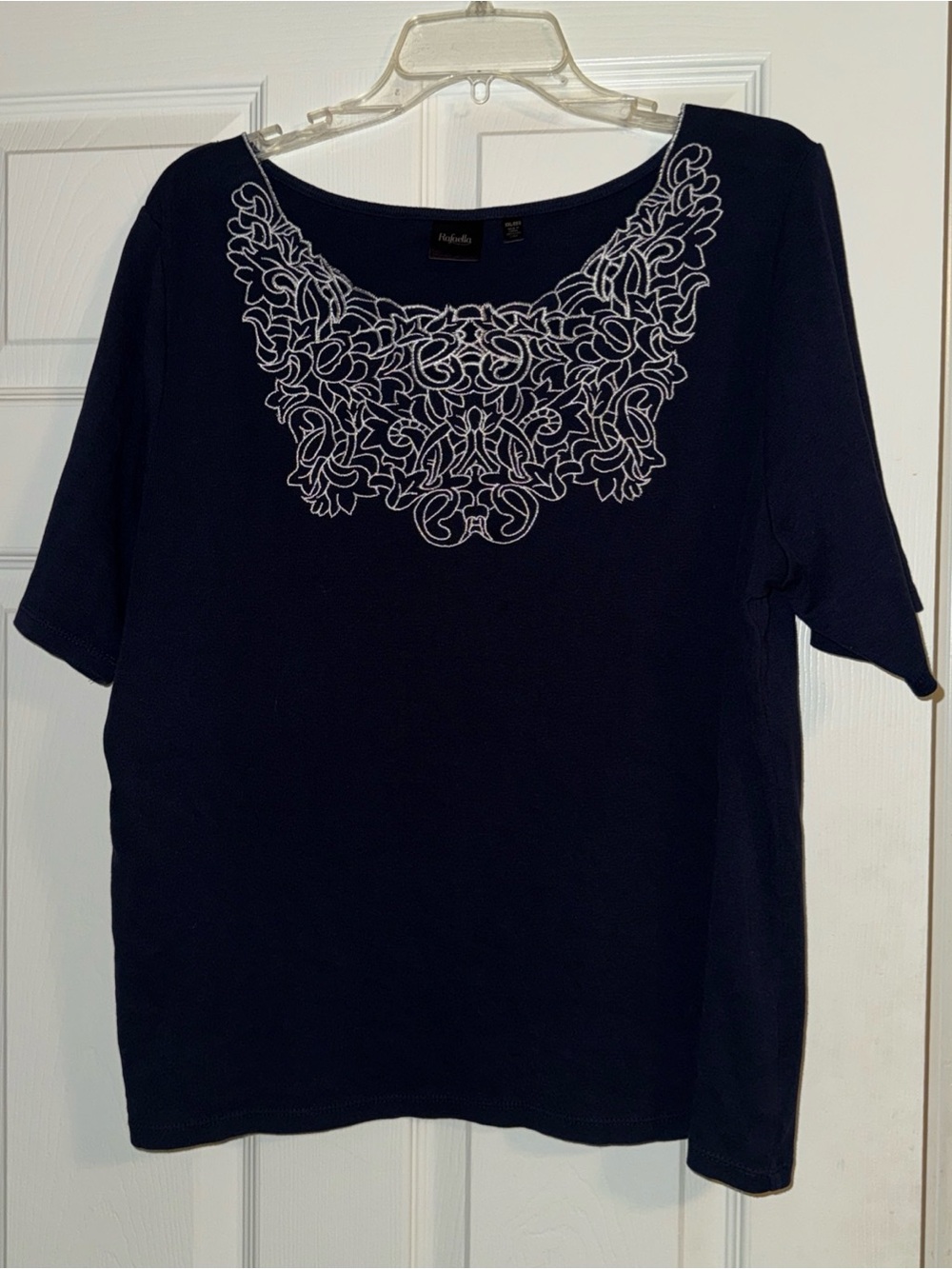Rafaella Navy Short Sleeve Top with White Embroidered Yoke Detail